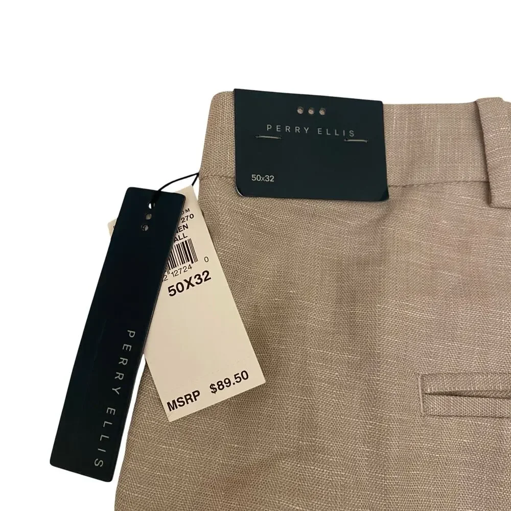 NWT Men's Perry Ellis Size 50 x 32 Linen & Cotton Blend Tan Chino Pants Trousers
